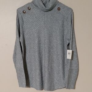Elegant Gray Cowl Neck Sweater with Button Details